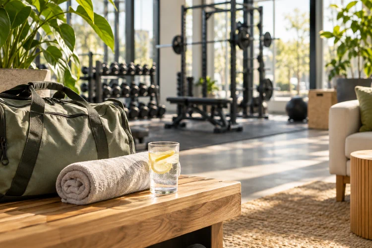 Sporttasche, Handtuch und Zitronenwasser in einer hellen Fitnesslounge, KI-generiertes Symbolbild.