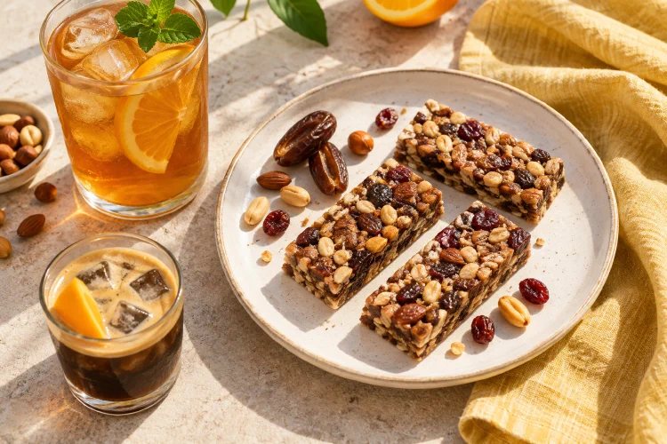 Nuss-Frucht-Riegel mit Zitrus-Eistee und Espresso Tonic, KI-generiertes Symbolbild ohne originale Produktverpackungen.