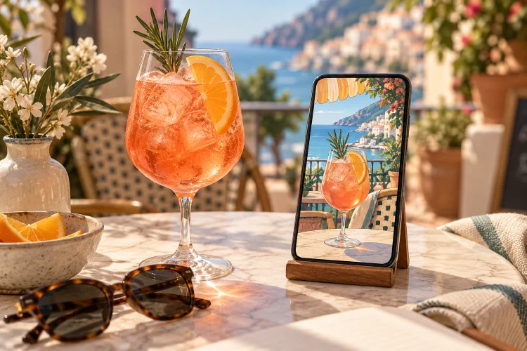 Spritz auf einem Cafétisch neben einem Smartphone mit gezeichneter Variante, KI-generiertes Symbolbild, kein MYORA-App-Ergebnis.