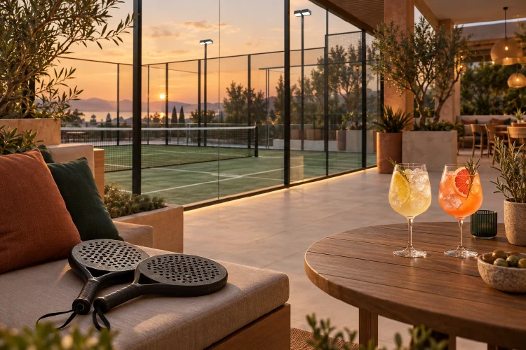 KI-generiertes Konzeptbild einer Padel-Lounge mit zwei alkoholfreien Drinks; kein realer Primeplay-Standort.