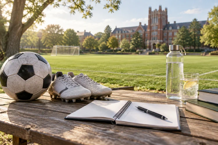 Soccer ball, boots, study notes and lemon water beside a campus field, an AI-generated editorial illustration.
